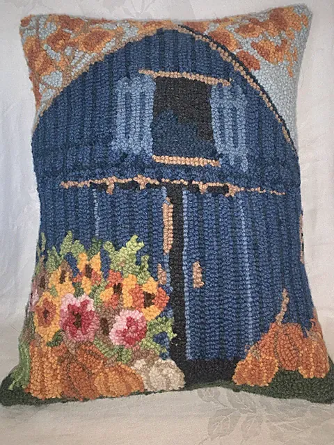 Hooked Wool Pillow Blue Barn 17 x 14" Vintage country cottagey