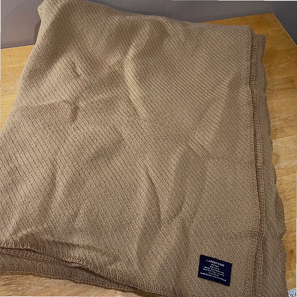 Lands End 100% Wool Blanket Full Tan Herringbone Made in USA Heritage Bedding