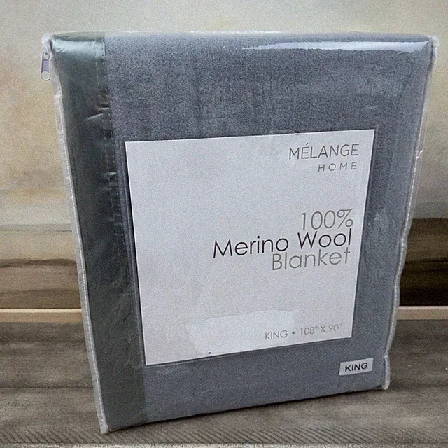 Melange Home Merino Wool W/Satin Trim Blanket King Blue NWOT