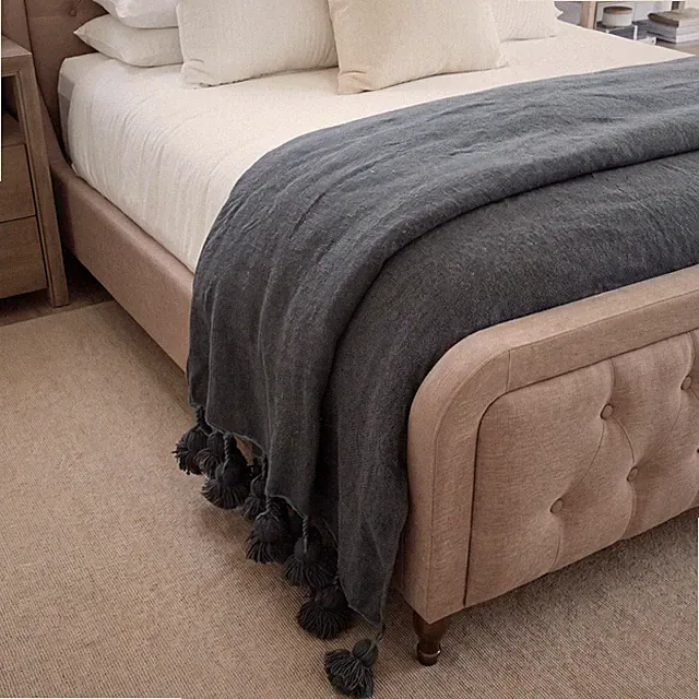 Moroccan Pom Pom Throw Blanket Handwoven Berber Cotton Wool Boho Bedspread Decor