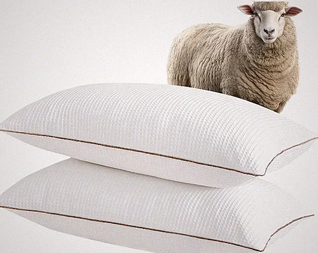 Organic Wool Pillow Queen Size Set of 2, Waffle Cotton Pillow Cover, Soft Suppor