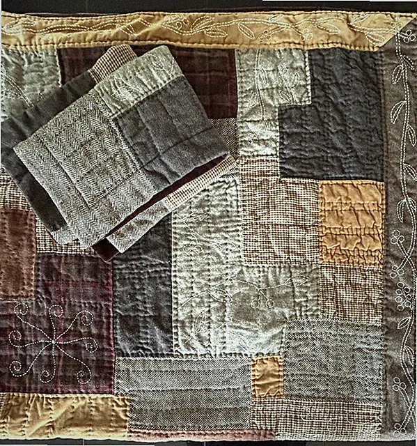 Pottery Barn Haberdashery Wool Tweed Velvet Patchwork Quilt Full w/ 2 Shams