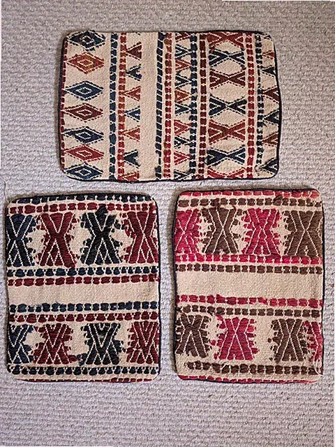 Set of 3 Vintage Wool Kilim Pillow Shams, Zip Closure, 14x11"