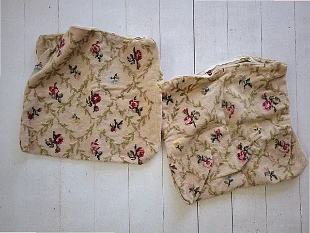 Vintage Set of 2 Handmade Floral Needlepoint Pillow Covers Zipper No Inserts 14"