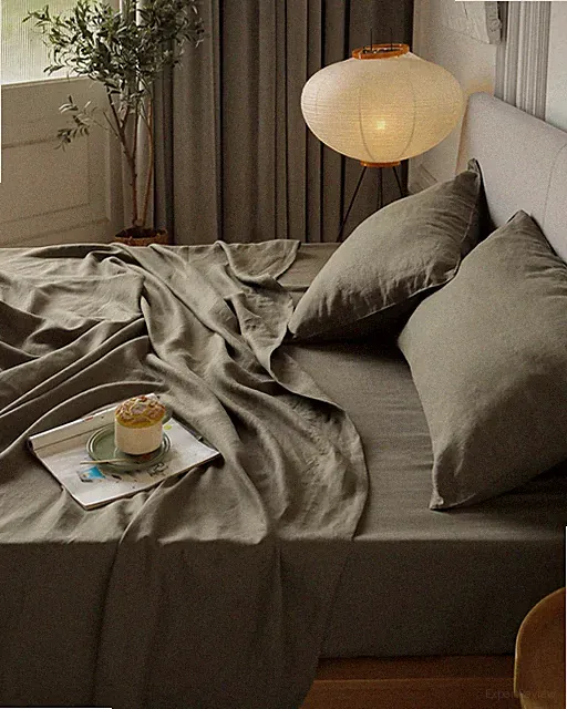 XZ XIFA Olive Green Linen Sheets - 100% Washed French Flax Organic Linen, King