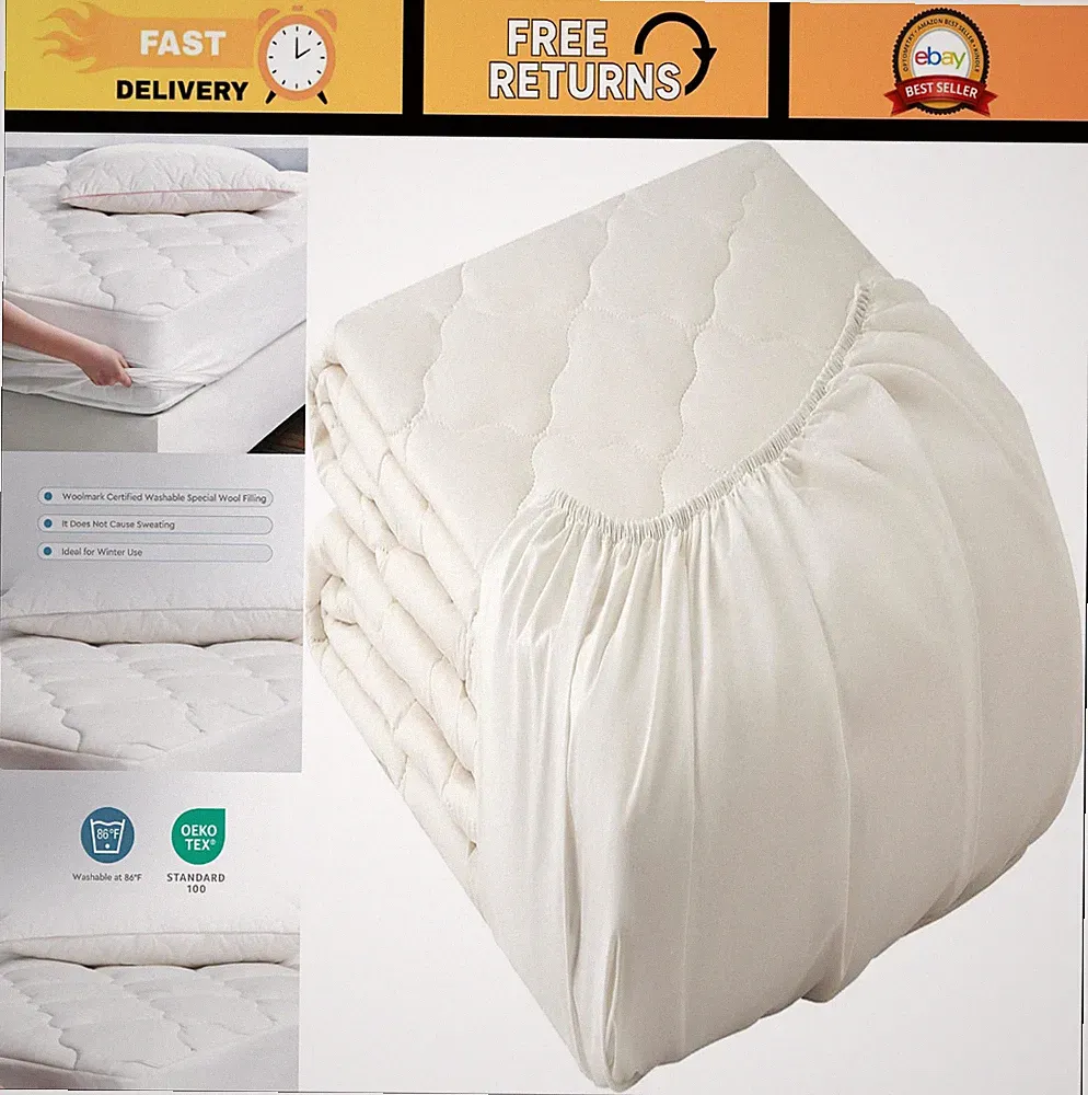 YATAS BEDDING Wool Mattress Protector, Mattress Cover with 100% Cotton Cover & S
